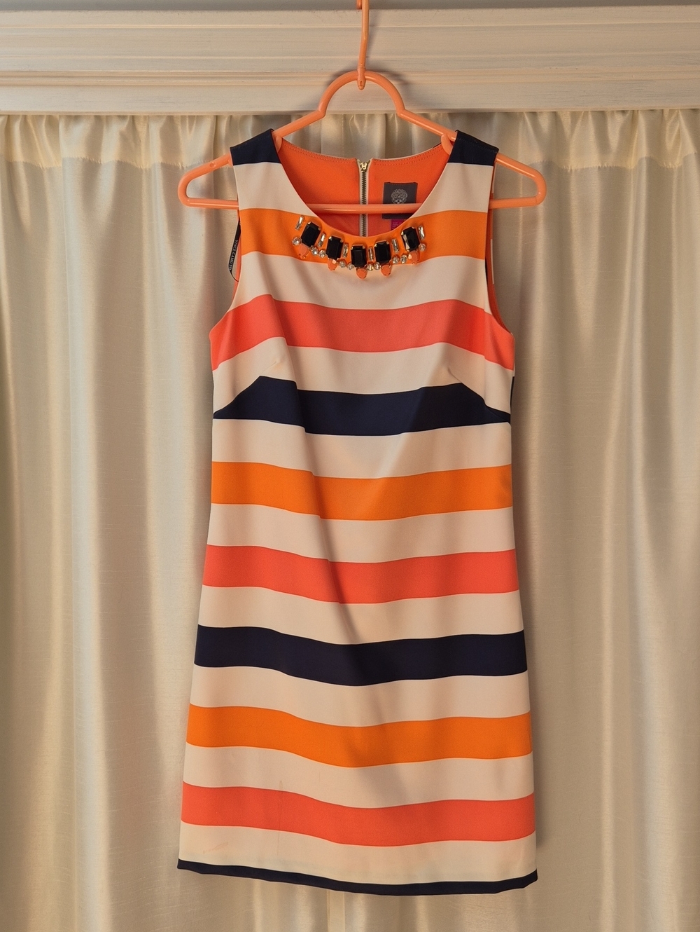 Vince Camuto Striped Sheath Dress with Jewel Detail - Navy, Coral, Orange, Cream